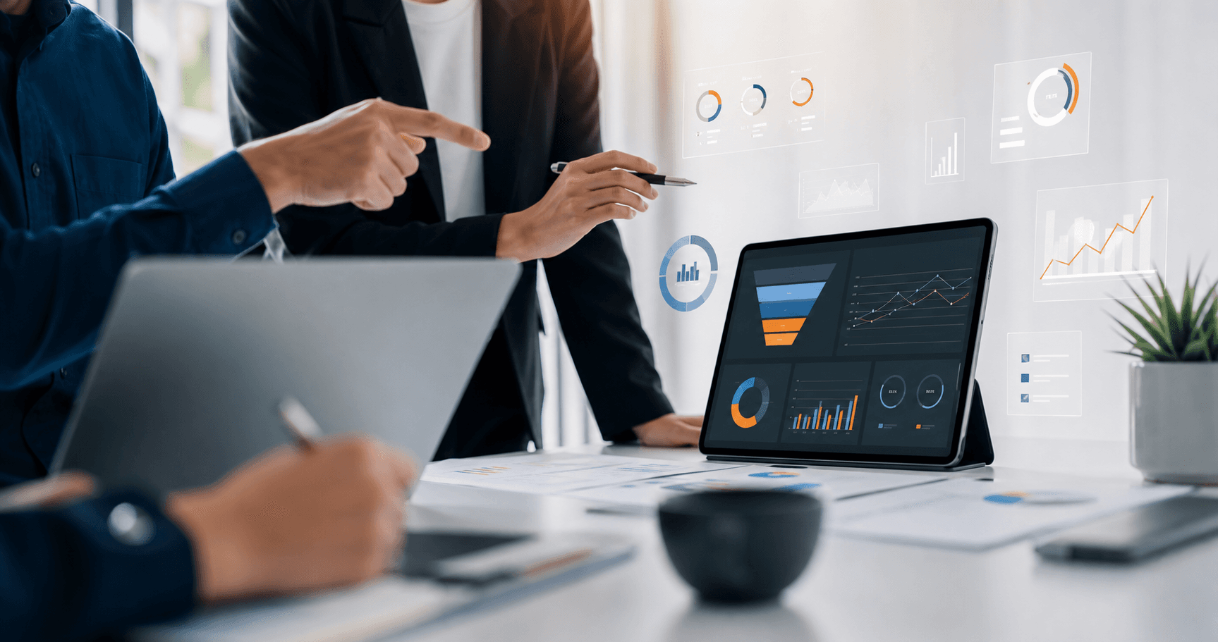 Revenue dashboard and performance analytics review in a professional workspace