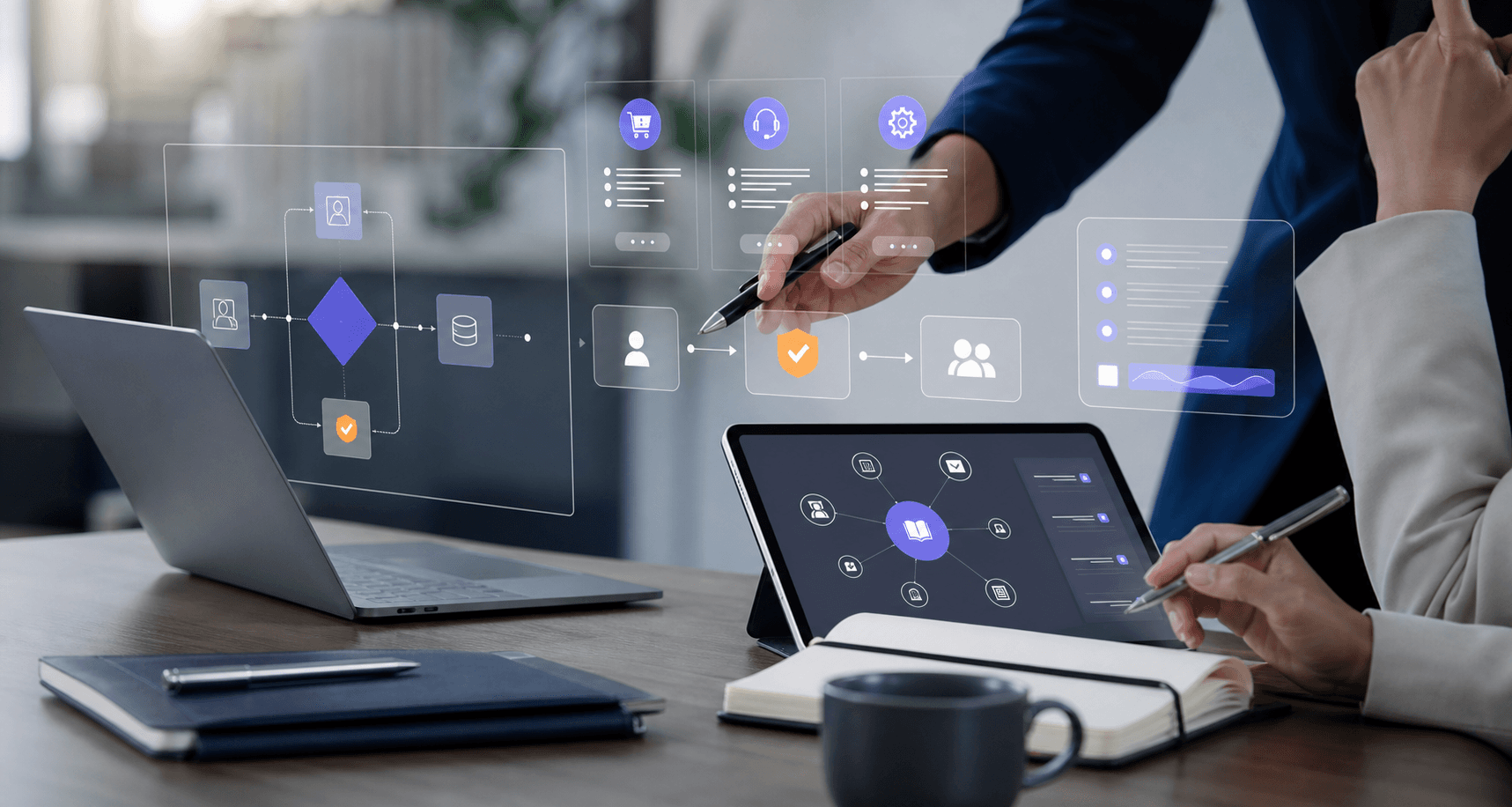 AI agent workflow planning session with abstract assistant interface overlays