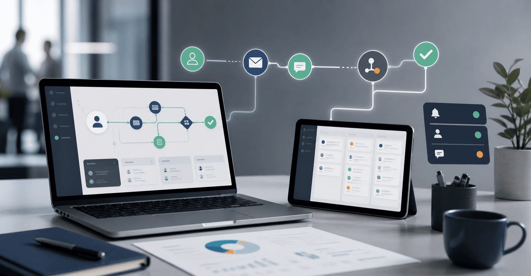 Workflow automation interfaces connecting leads, alerts, tasks, and CRM handoffs