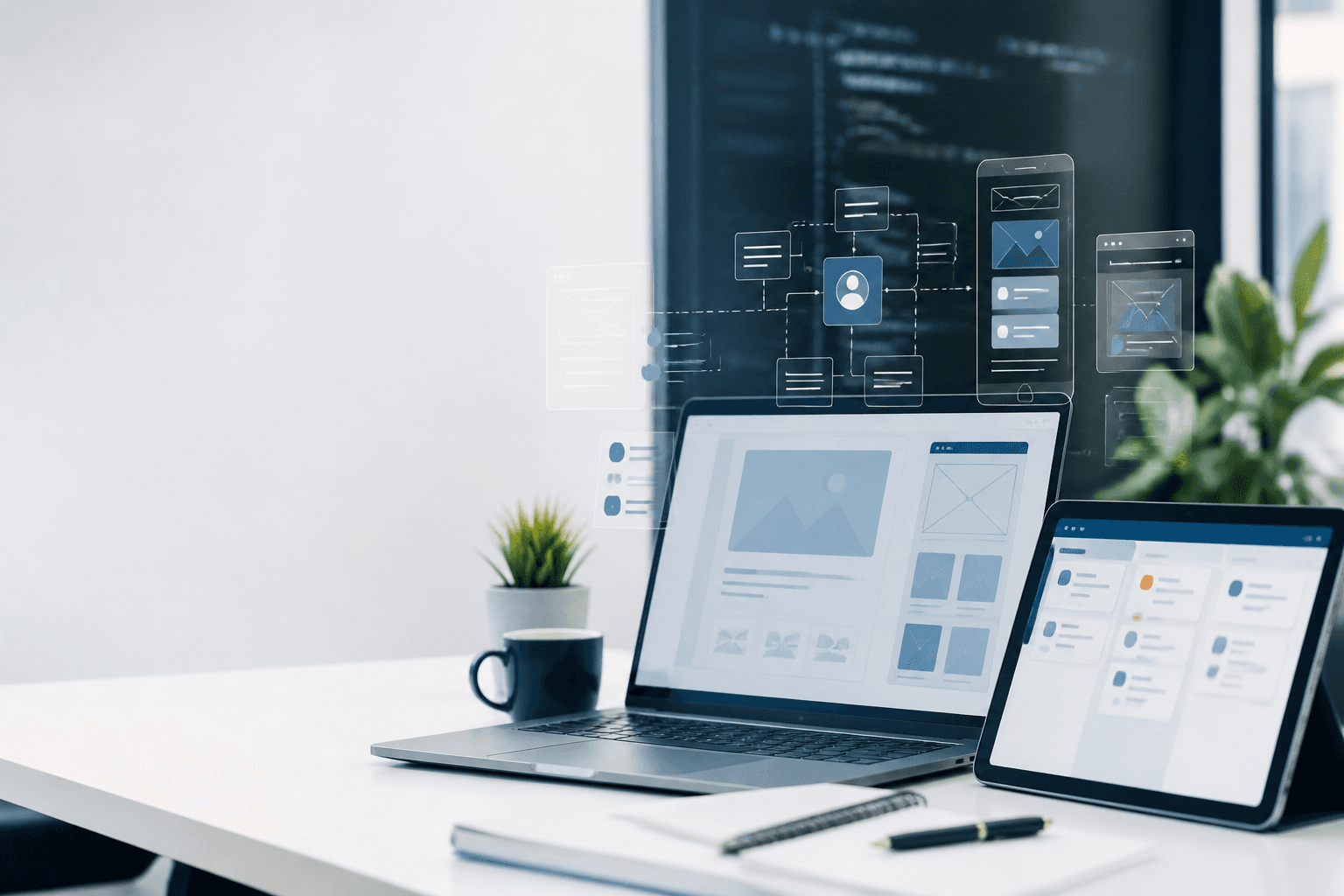 Premium workspace showing website, app, and CRM interface planning