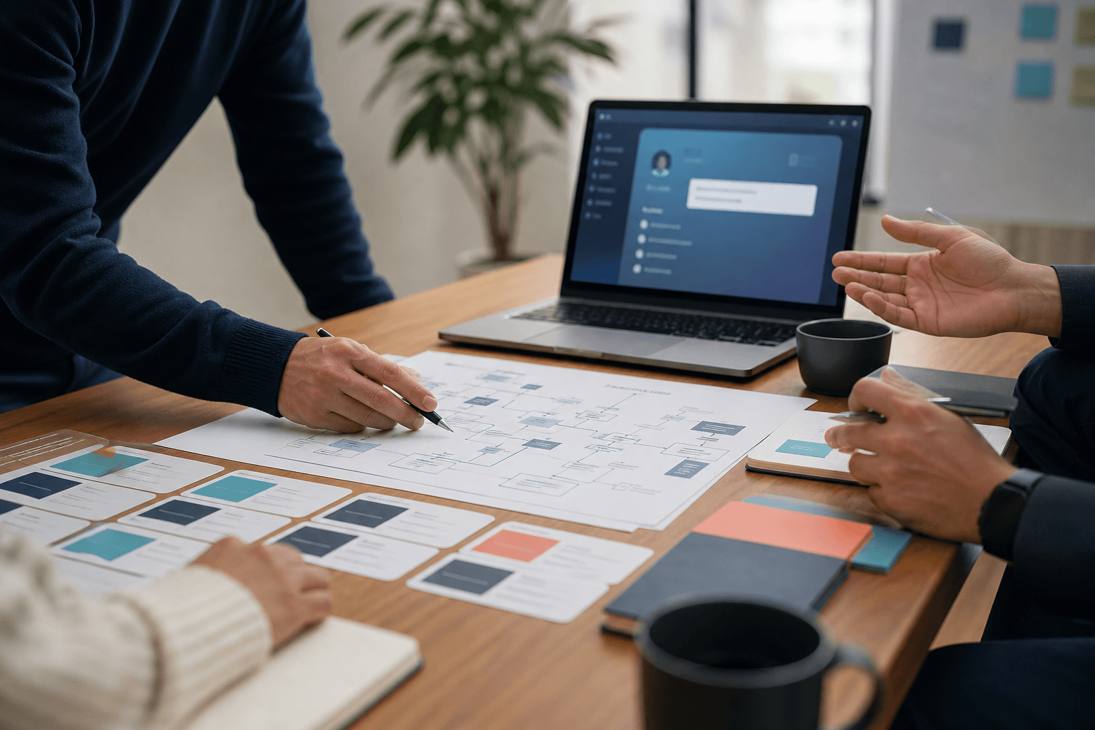 AI consultation workshop with process maps, use-case cards, and assistant interface