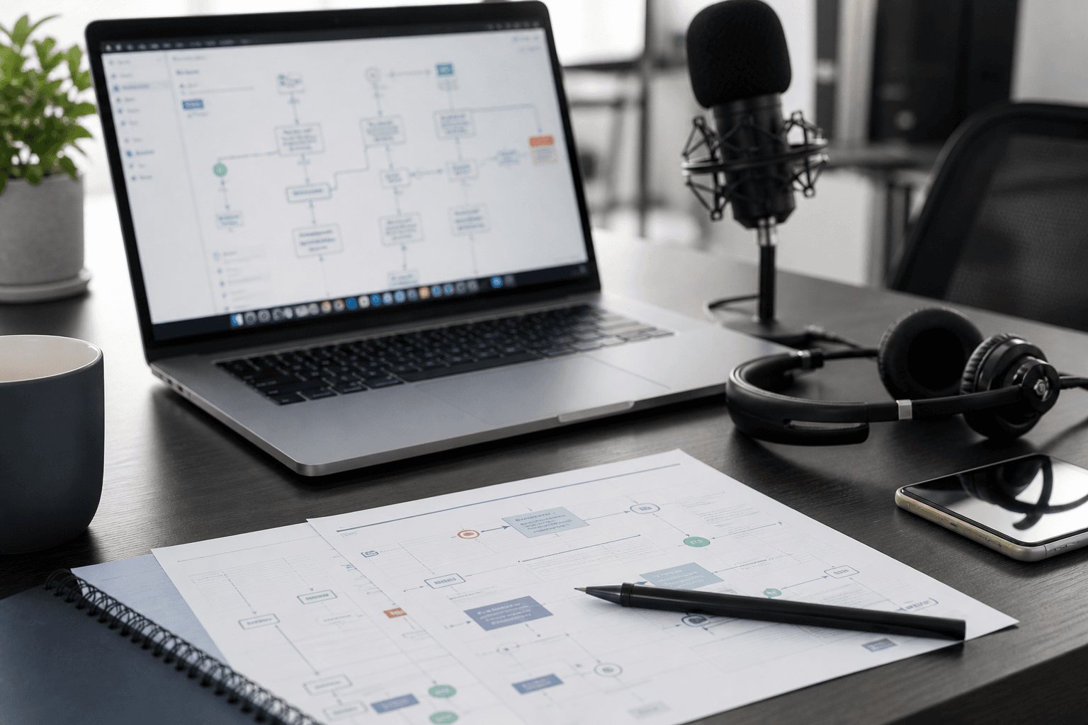 AI voice agent planning workspace with headset, microphone, call flow, and CRM handoff notes