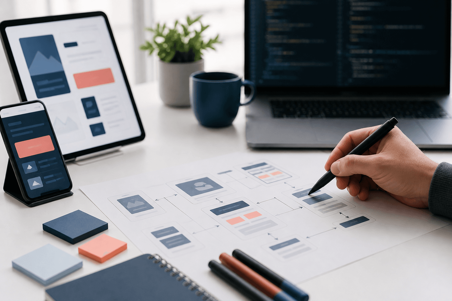 App development workspace with mobile screens, tablet prototype, and user journey map