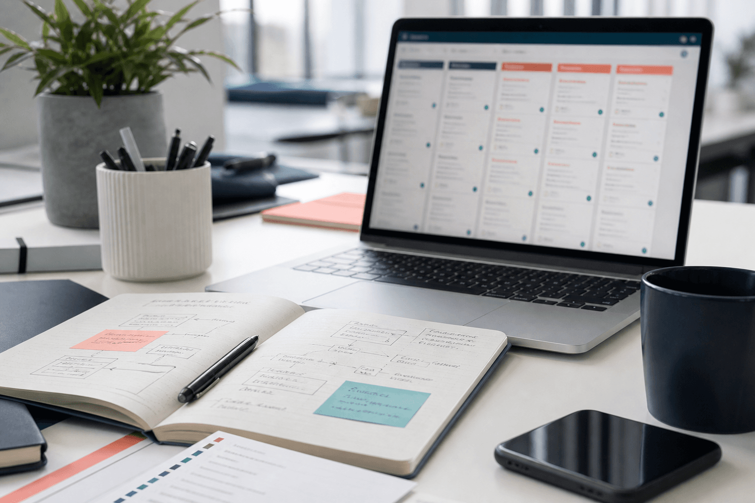 CRM systems workspace with lead pipeline screen and follow-up flow planning