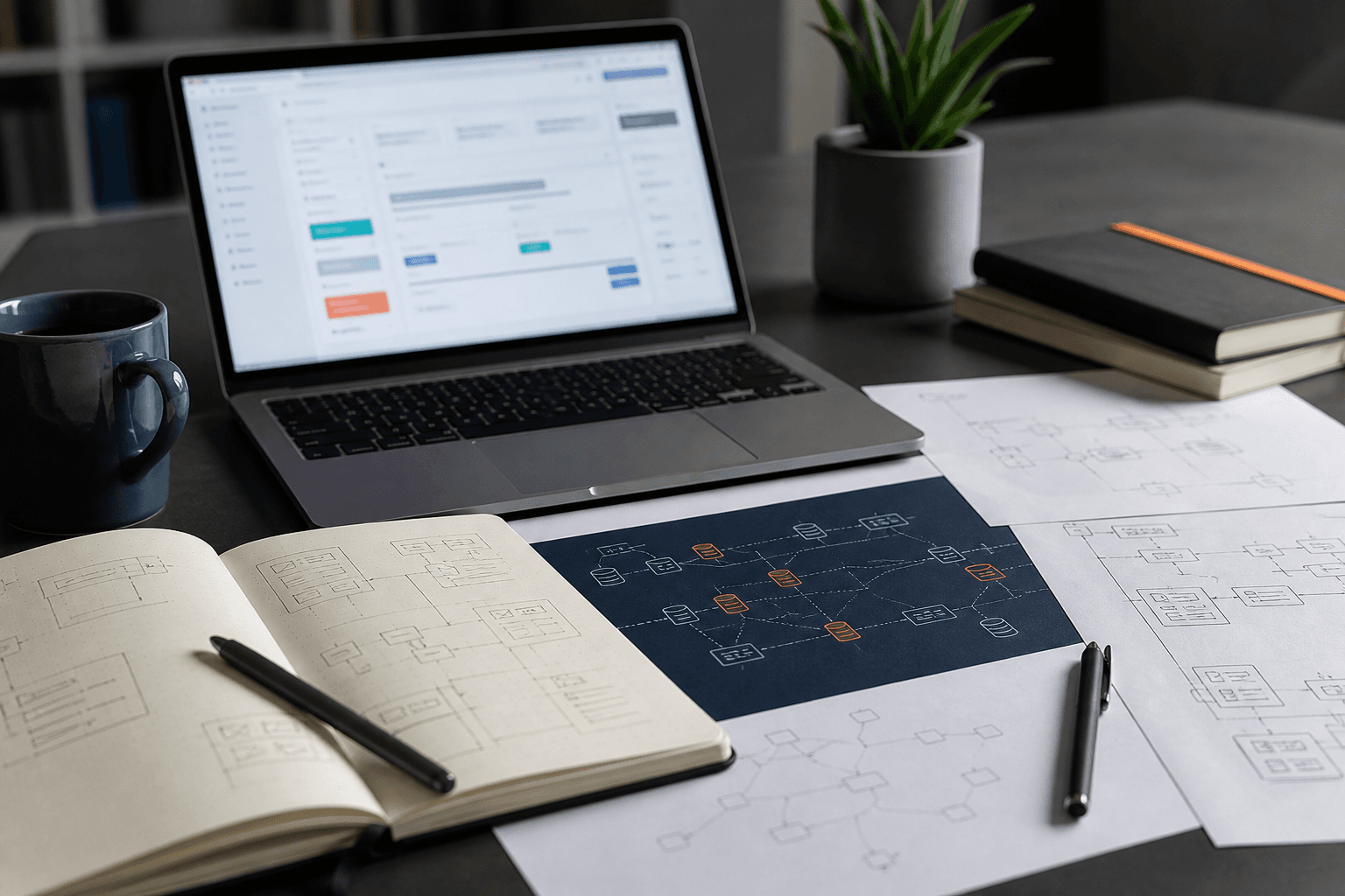 Custom software development workspace with internal tool screens and architecture plans