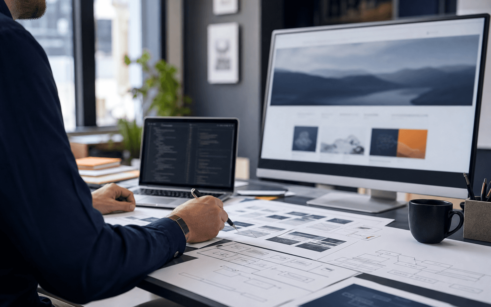Custom website development workspace with website screens, code, and wireframes
