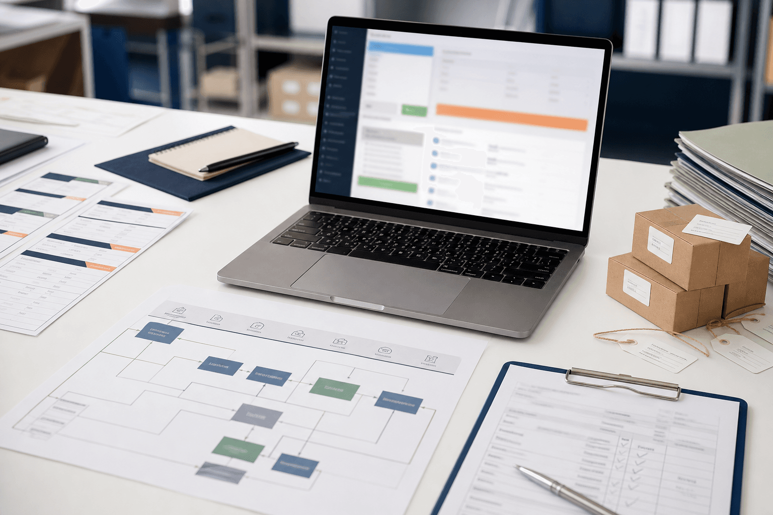 ERP systems workspace with operations dashboard, order documents, and dispatch planning