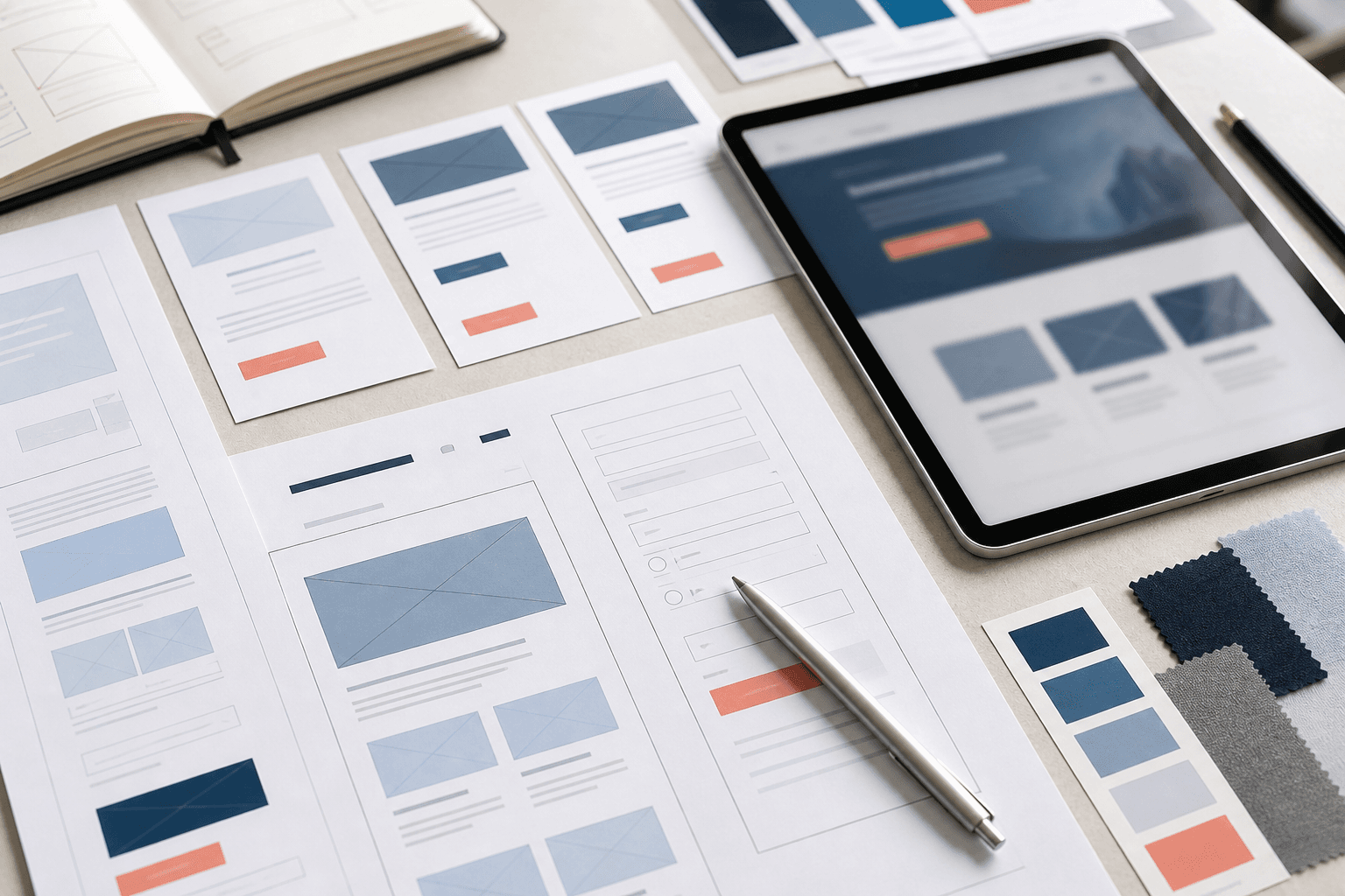 Landing page conversion design workspace with tablet mockup, wireframes, and form sketches