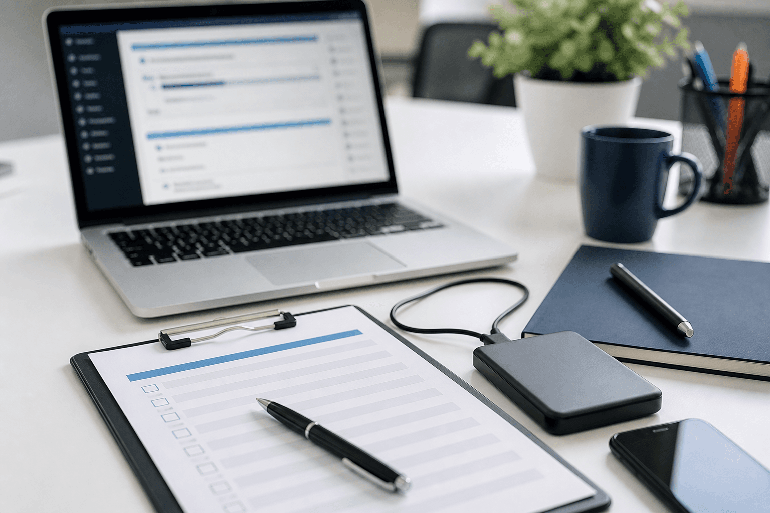 Website maintenance and support workspace with update screen, backup drive, and checklist