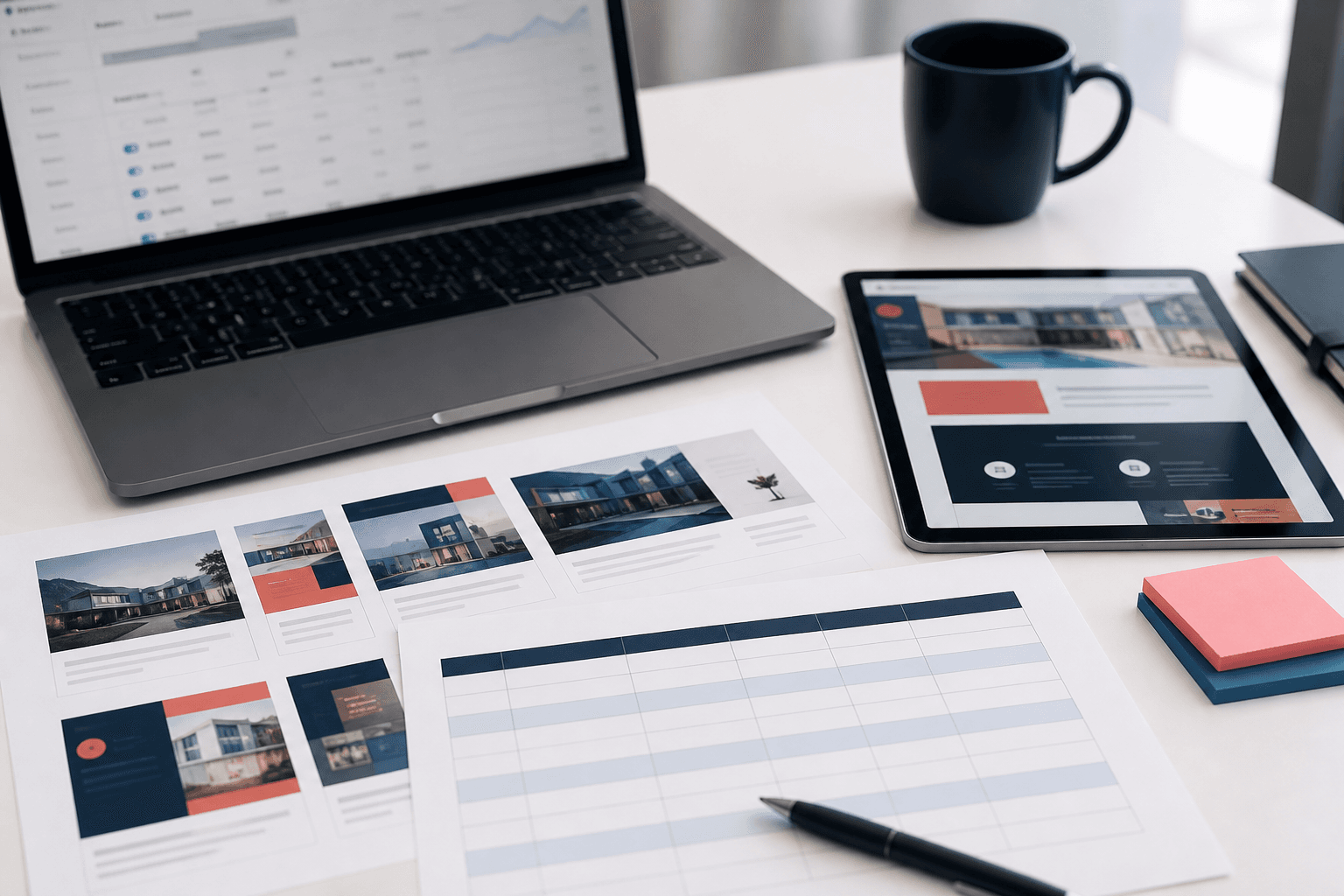 Paid media campaign planning workspace with ad creative, landing page, and budget sheets