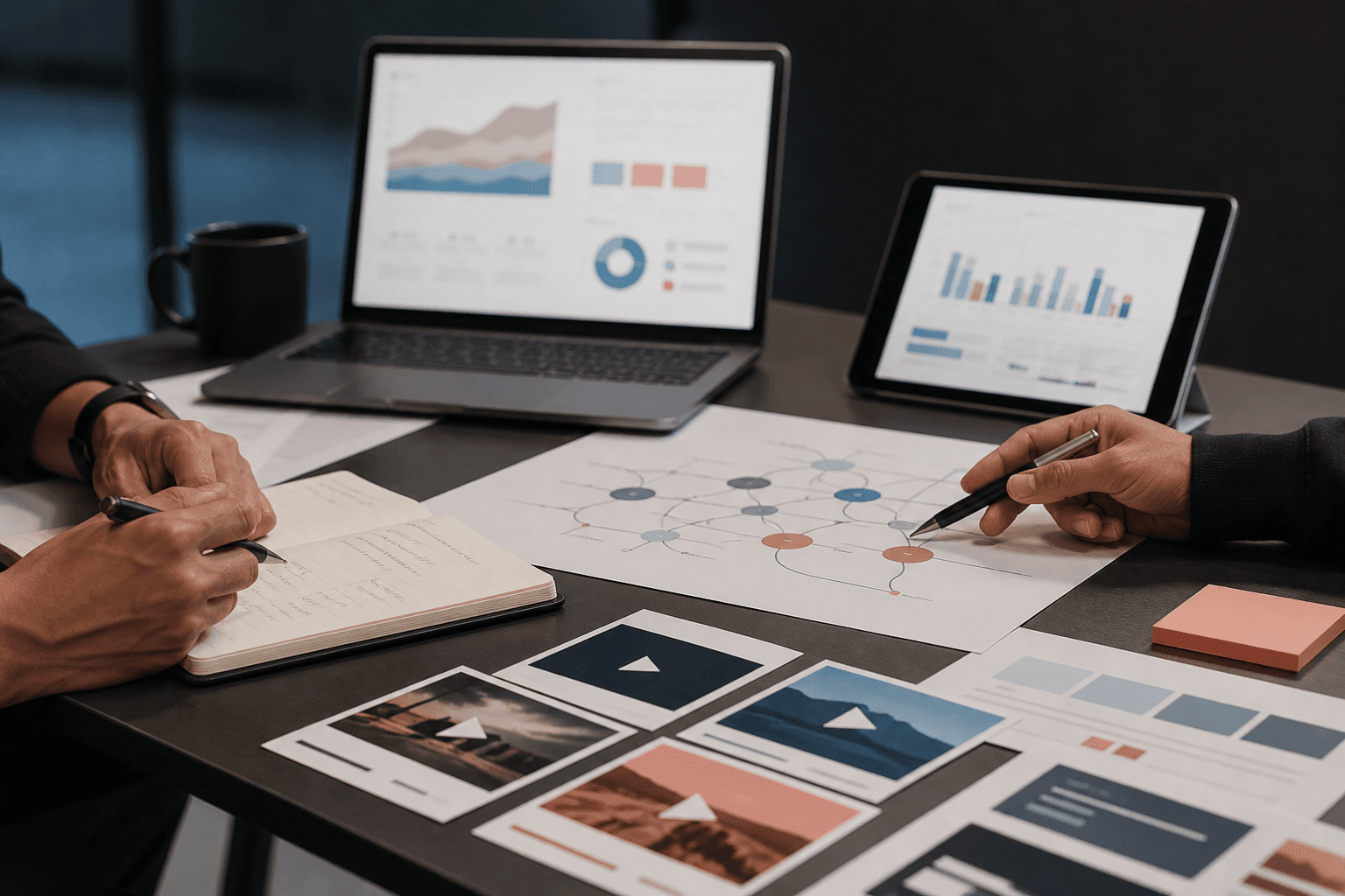 Performance marketing analysis workspace with attribution map and campaign testing materials