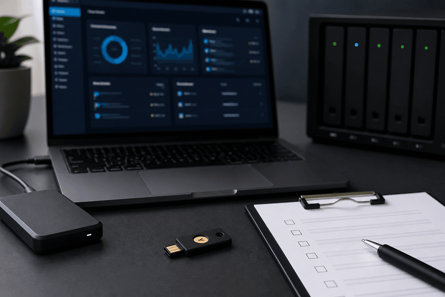 Security and hosting workspace with server dashboard, backup drive, and hardware security key