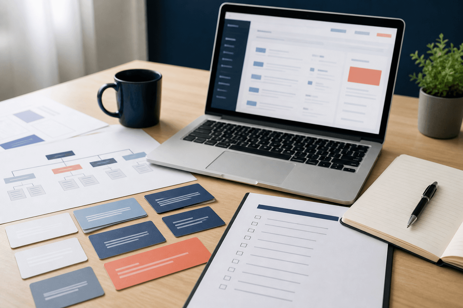 SEO strategy workspace with content map, keyword cards, and technical audit notes