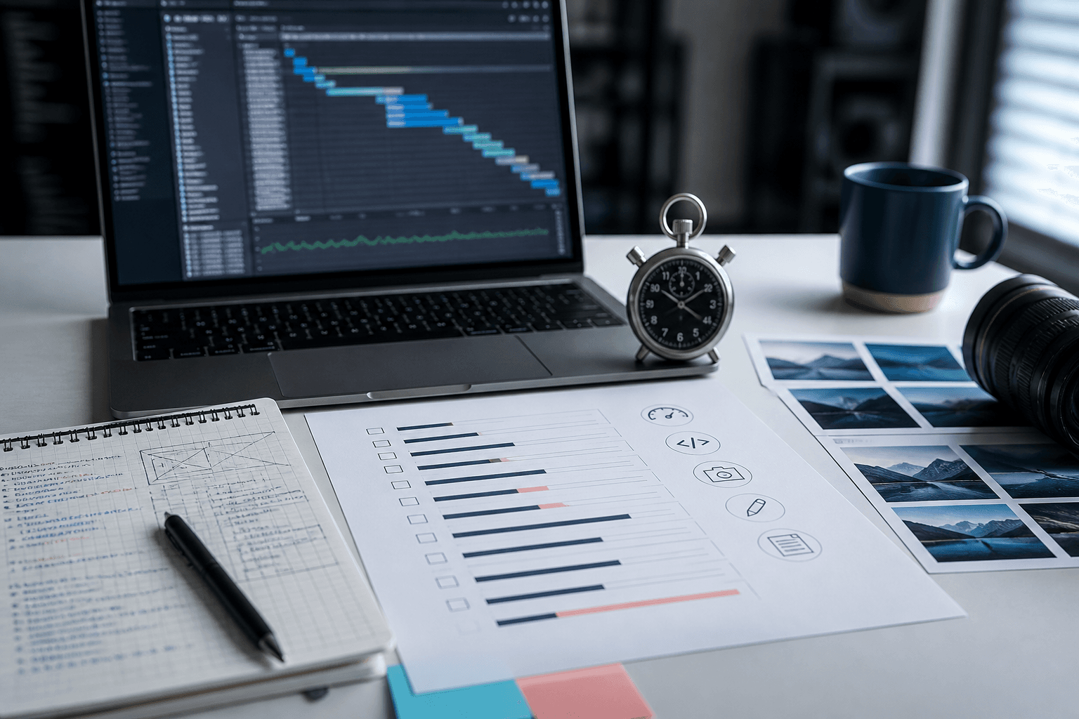 Website speed optimization workspace with performance waterfall, timer, and audit checklist