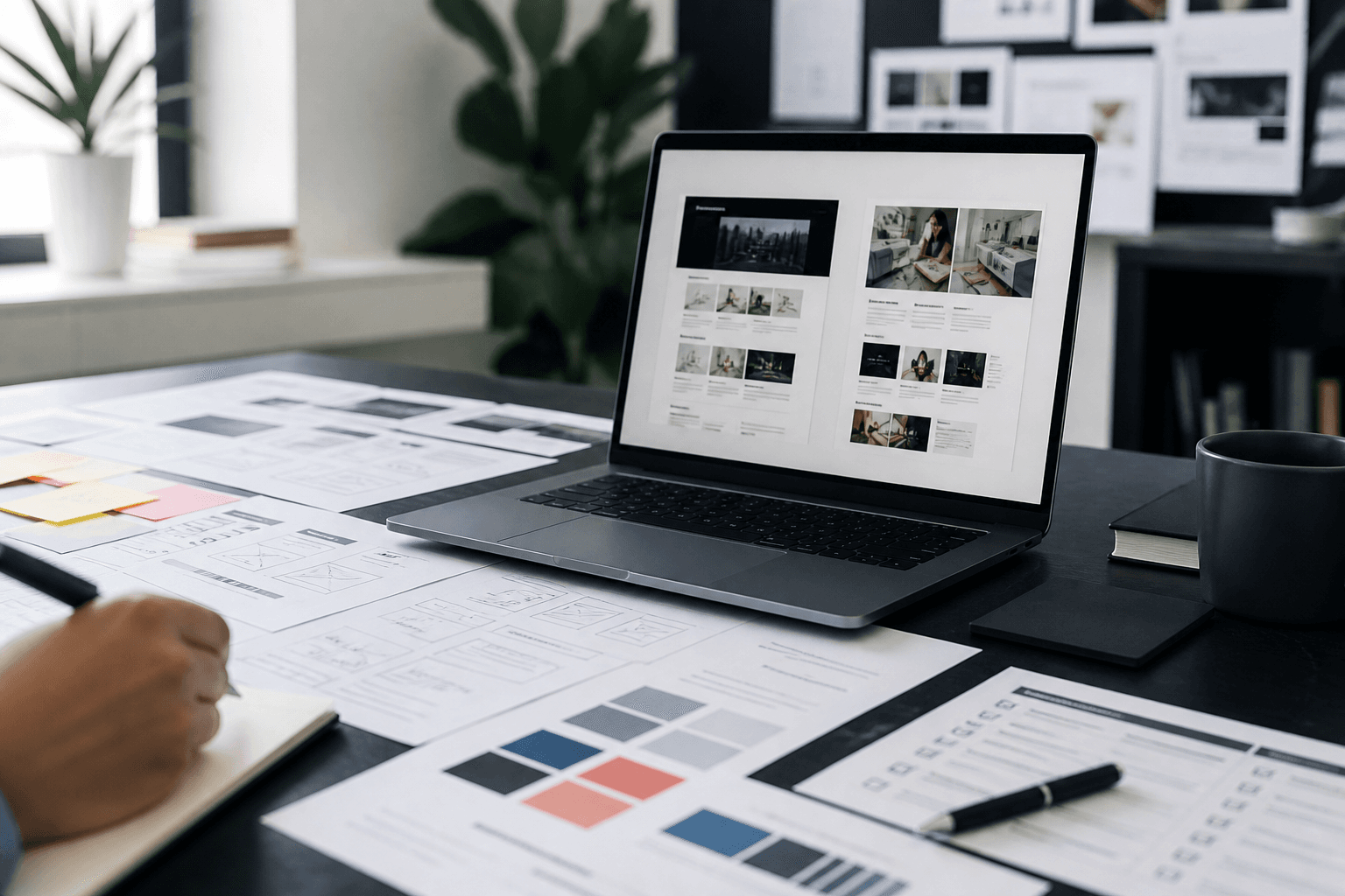 Website redesign audit workspace with before and after mockups and planning notes