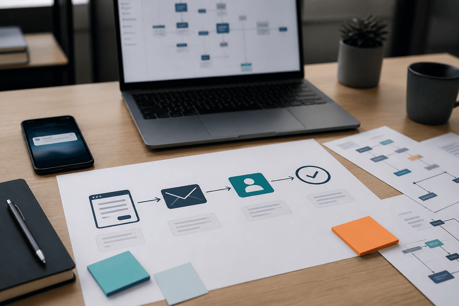 Workflow automation workspace showing form, email, CRM, and approval handoff planning
